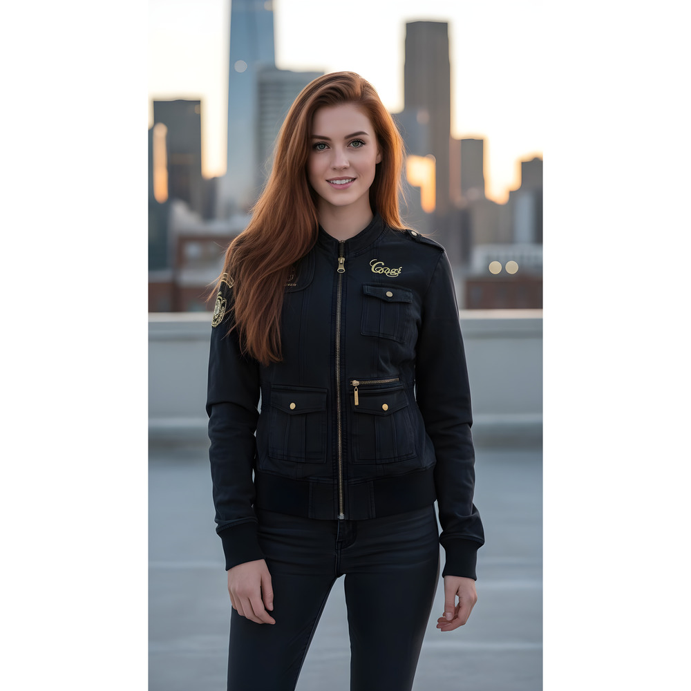 Coogi Women's Black Bomber Jacket Gold Embroidery Size Small Casual Zip-Up